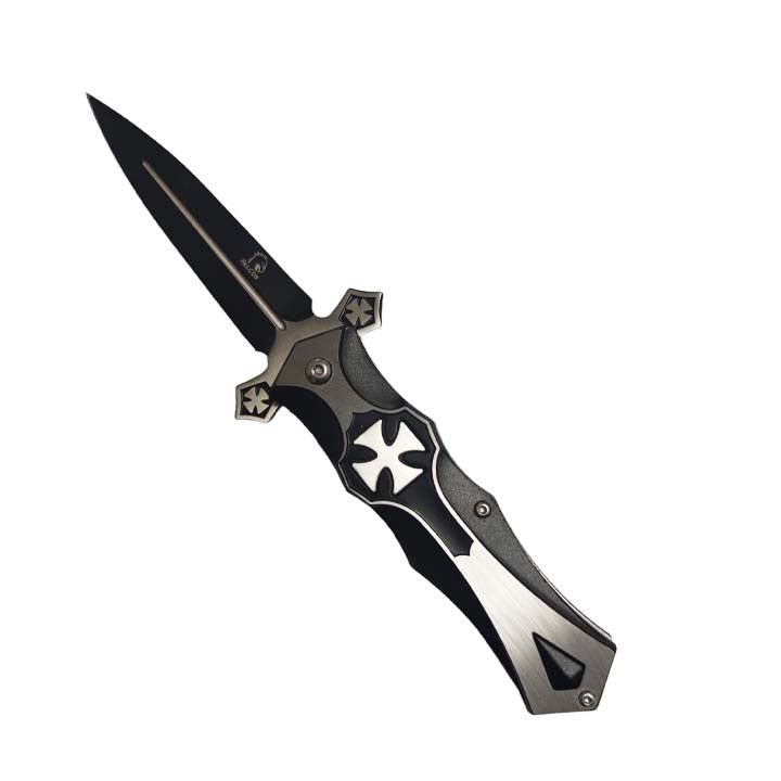 Falcon 8 1/2" Chrome Cross Blade Spring Assisted Knife - Black