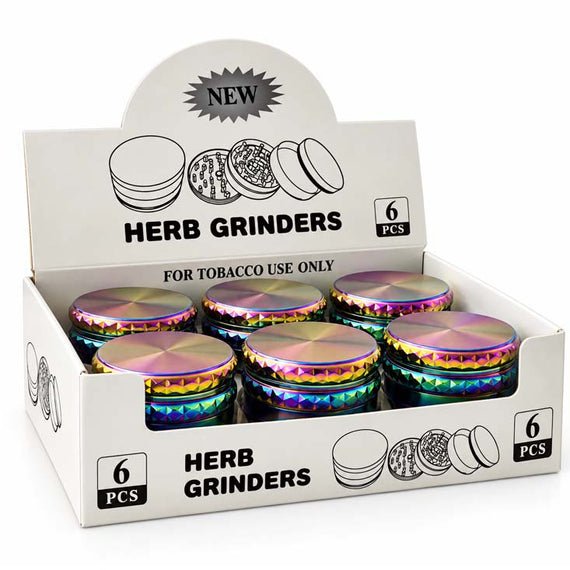 59mm 4-Piece Rainbow Diamond-Cut Zinc Alloy Grinder – 6-Piece Display