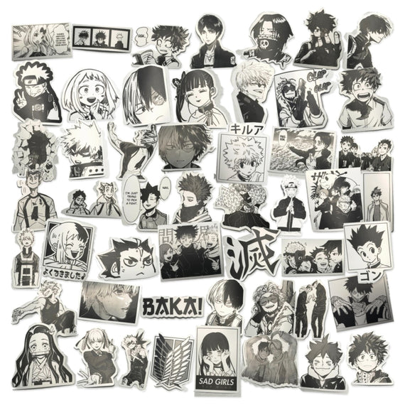 50-Piece Black & White Anime Sticker Pack – Series 02