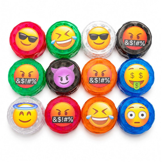 58mm x 45mm Emoji 4-Part Plastic Herb Grinder – 12PCS Display