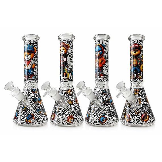 10" Graffiti Bear Glass Beaker Water Pipe –Grown in the Dark