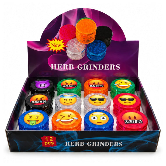 58mm x 45mm Emoji 4-Part Plastic Herb Grinder – 12PCS Display