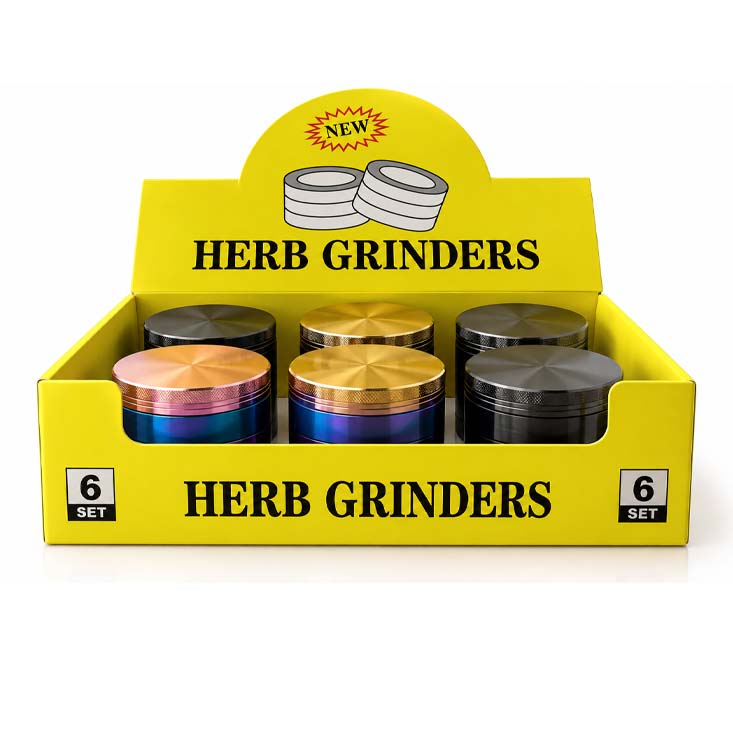 55mm 4-Piece Window Zinc Alloy Grinder – 6-Piece Display Assorted Colors