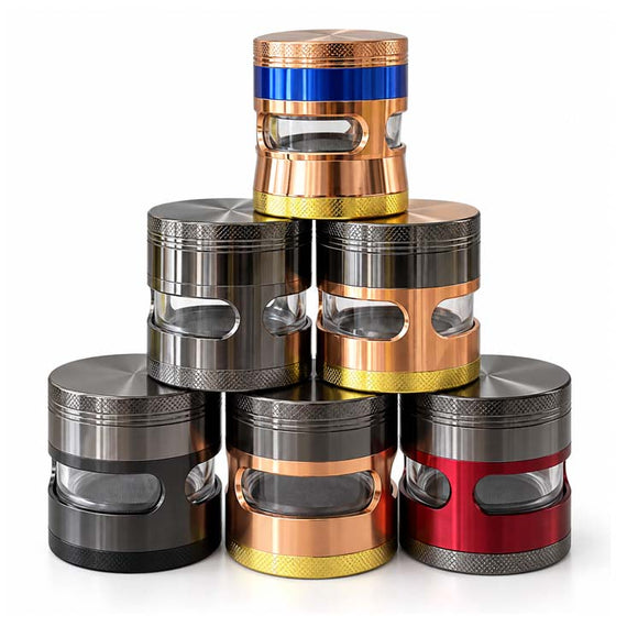 55mm 4-Piece Window Zinc Alloy Grinder – 6-Piece Display Assorted Colors