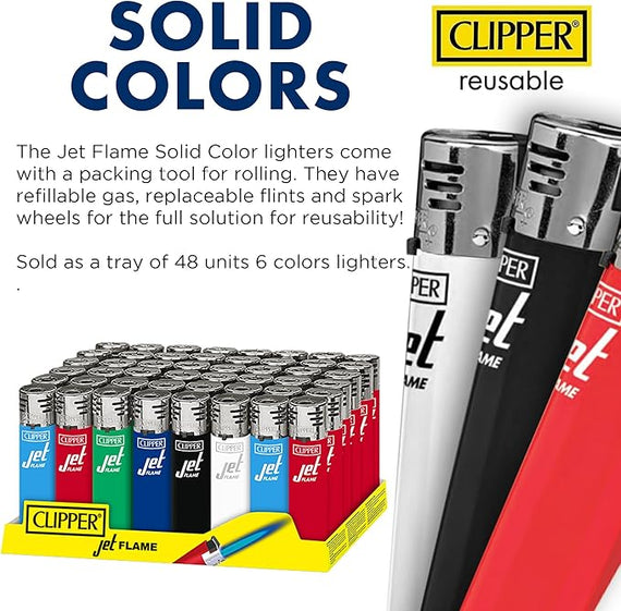 Clipper Jet Flame Reusable Lighters – 48 Pack (Solid Colors)
